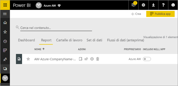 Screenshot che mostra dove viene visualizzato il report nell'elenco Report nella pagina Elenco app.