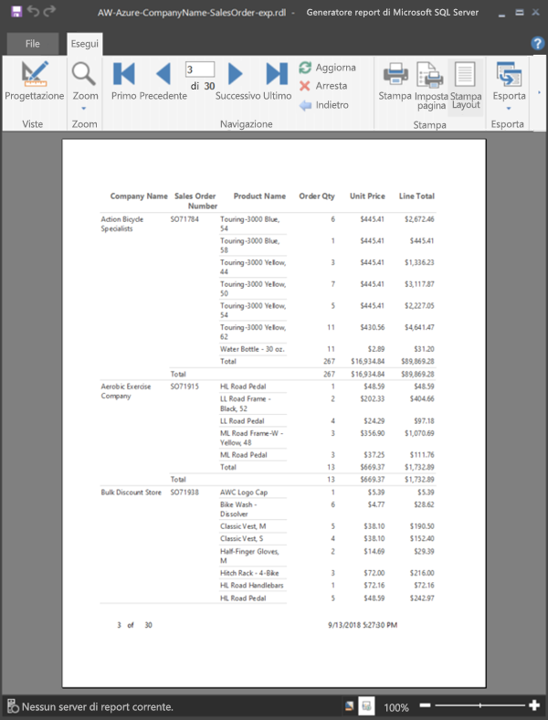 Screenshot di un report di esempio con layout di stampa selezionato.