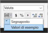 Screenshot che mostra dove selezionare Valori di esempio.