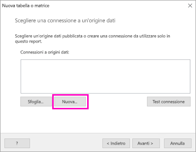 Screenshot che mostra dove selezionare Nuovo per una connessione all'origine dati.