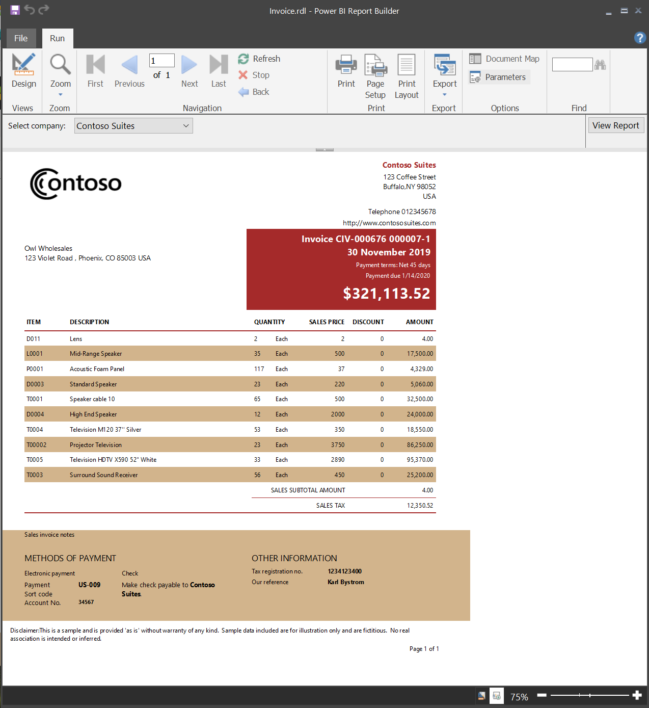 Screenshot di un report impaginato di esempio in Power BI Report Builder.