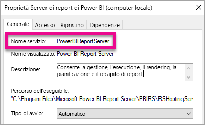 Proprietà del servizio di Windows del server di report