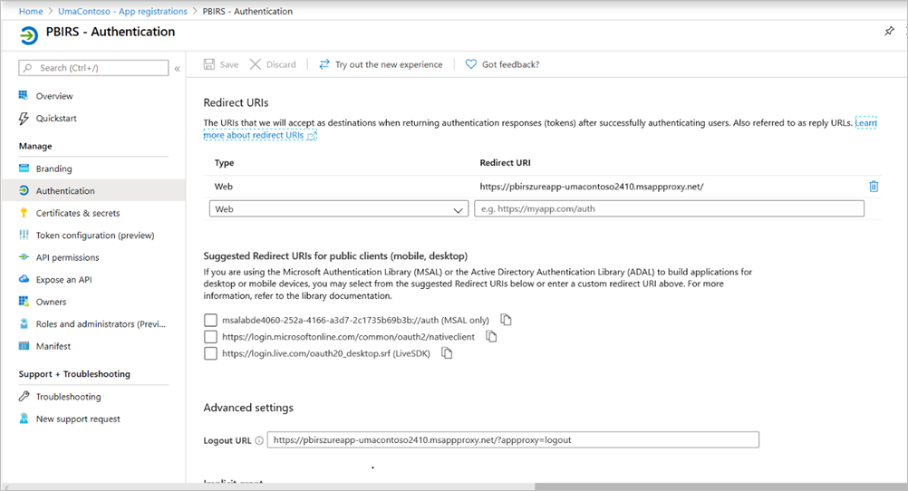 Nello screenshot viene visualizzato il riquadro dell'autenticazione di Server di report di Power BI con URI di reindirizzamento e Impostazioni avanzate.