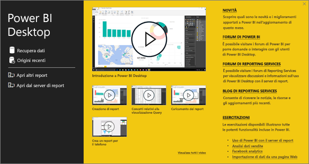 Schermata iniziale di Power BI Desktop