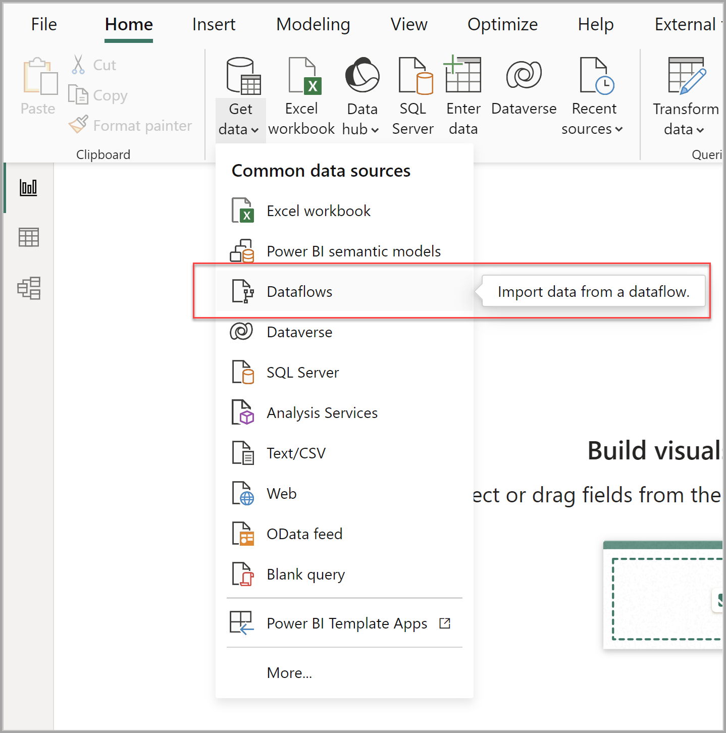 Screenshot di Power BI Desktop che evidenzia l'opzione Flussi di dati nell'elenco a discesa Recupera dati.