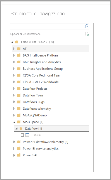 Screenshot dello Strumento di navigazione in Power BI Desktop che sceglie i flussi di dati a cui connettersi.