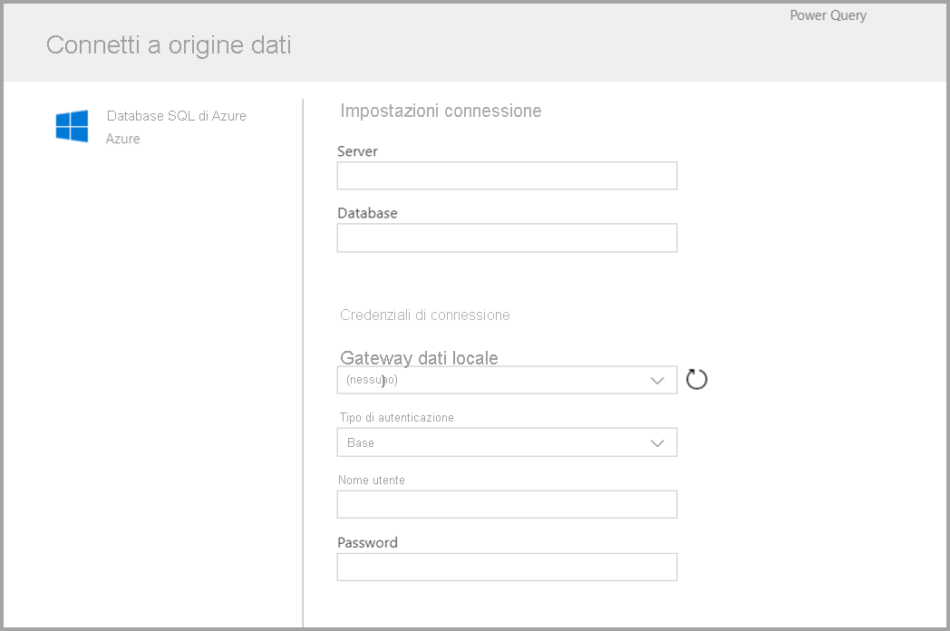 Screenshot del modulo visualizzato dopo aver scelto Azure SQL come connettore.