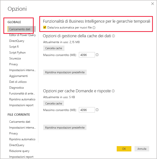 Screenshot della casella Opzioni di Power BI Desktop.