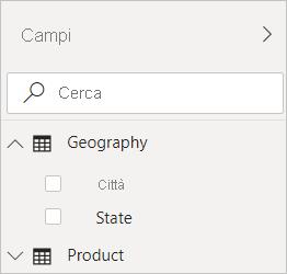 Screenshot di Power BI Desktop che mostra il filtro Geography nella visualizzazione Campi.