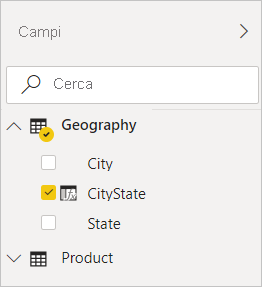 Screenshot di Power BI Desktop che mostra il campo CityState selezionato nel filtro Geography nella visualizzazione Campi.