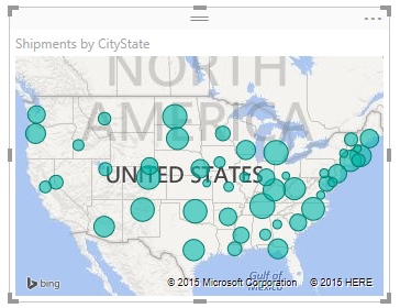 Screenshot di Power BI Desktop che mostra i dati rappresentati in un oggetto visivo mappa.