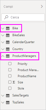 Screenshot del riquadro Campi con i campi Bike e ProductManagers selezionati.