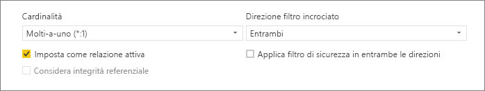 Screenshot of the lower portion of the Create relationship dialog box showing Cardinality and Cross filter direction options.