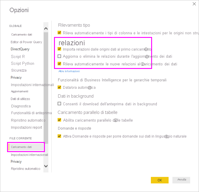 Screenshot of the Options box showing the Relationships settings in the Data Load tab.