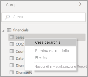 Screenshot del menu di scelta rapida originale per un campo in Power BI Desktop.