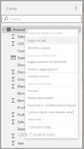 Screenshot del nuovo menu di scelta rapida per una tabella in Power BI Desktop.