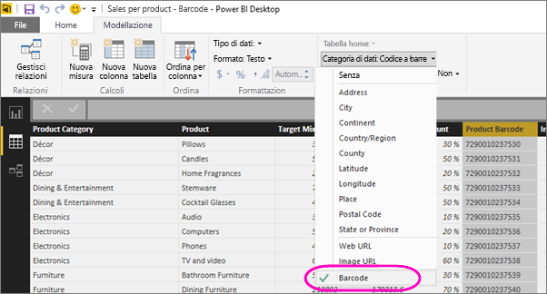 Screenshot di Power BI Desktop che mostra la scheda Strumenti colonna nella visualizzazione Dati. L'elenco a discesa Categoria di dati è selezionato e il codice a barre è evidenziato.