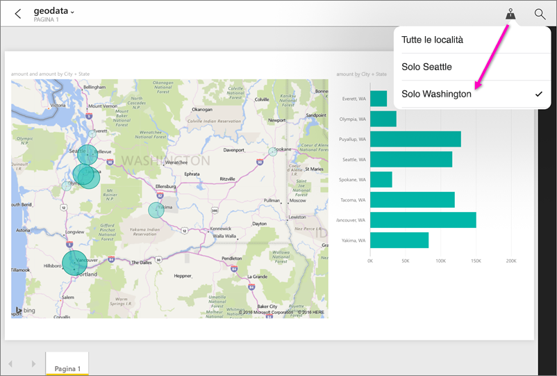 Screenshot di un report nell'app Power BI che evidenzia il filtro geografico.