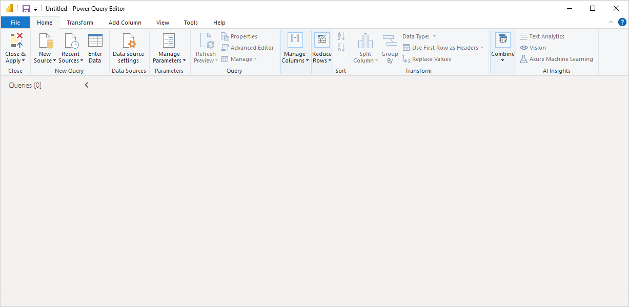 Screenshot di Power BI Desktop che mostra l'editor di Power Query senza connessioni dati.