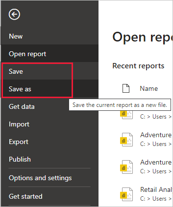 Screenshot di Power BI Desktop che mostra la scheda File dell'editor di Power Query. Opzioni salva e salva con nome evidenziate.