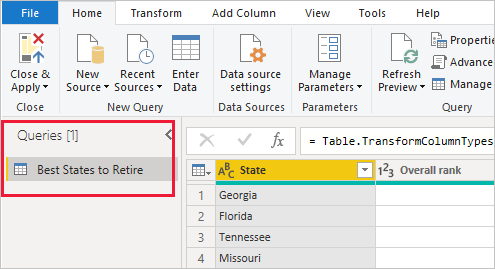 Screenshot di Power BI Desktop che mostra le query nel riquadro sinistro.