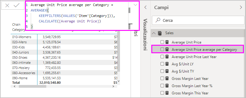 Screenshot di una formula di misura rapida nella barra della formula.