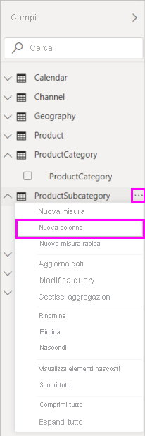 Screenshot di Nuova colonna nel menu a discesa.