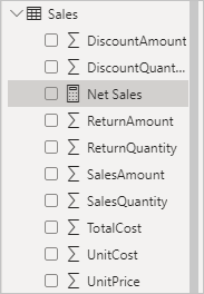 Screenshot della misura Net Sales nell'elenco di campi della tabella Sales.