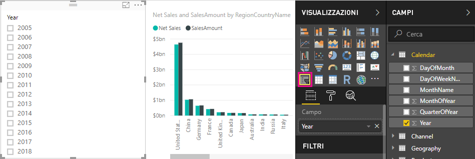 Screenshot dell'icona del filtro dei dati nel riquadro Visualizzazioni.