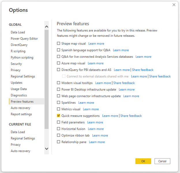 Screenshot di come abilitare l'anteprima dal menu delle opzioni di Power BI Desktop.