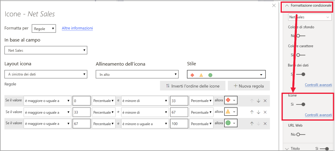 Screenshot della scheda Elementi cella nel riquadro Visualizzazioni, con il dispositivo di scorrimento Icone attivato. Una finestra di dialogo include controlli per i formati e le condizioni delle icone.