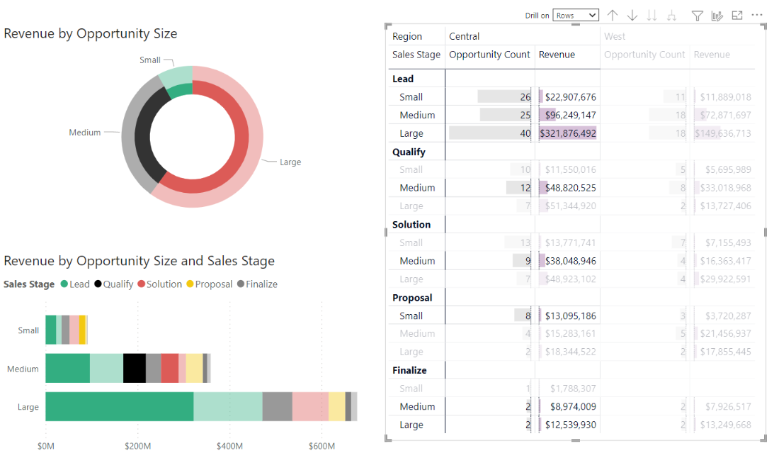 Screenshot di una matrice, di un grafico ad anello e di un grafico a barre. Sono selezionate diverse righe di matrice. Sono evidenziate le sezioni corrispondenti del grafico ad anello e delle barre.