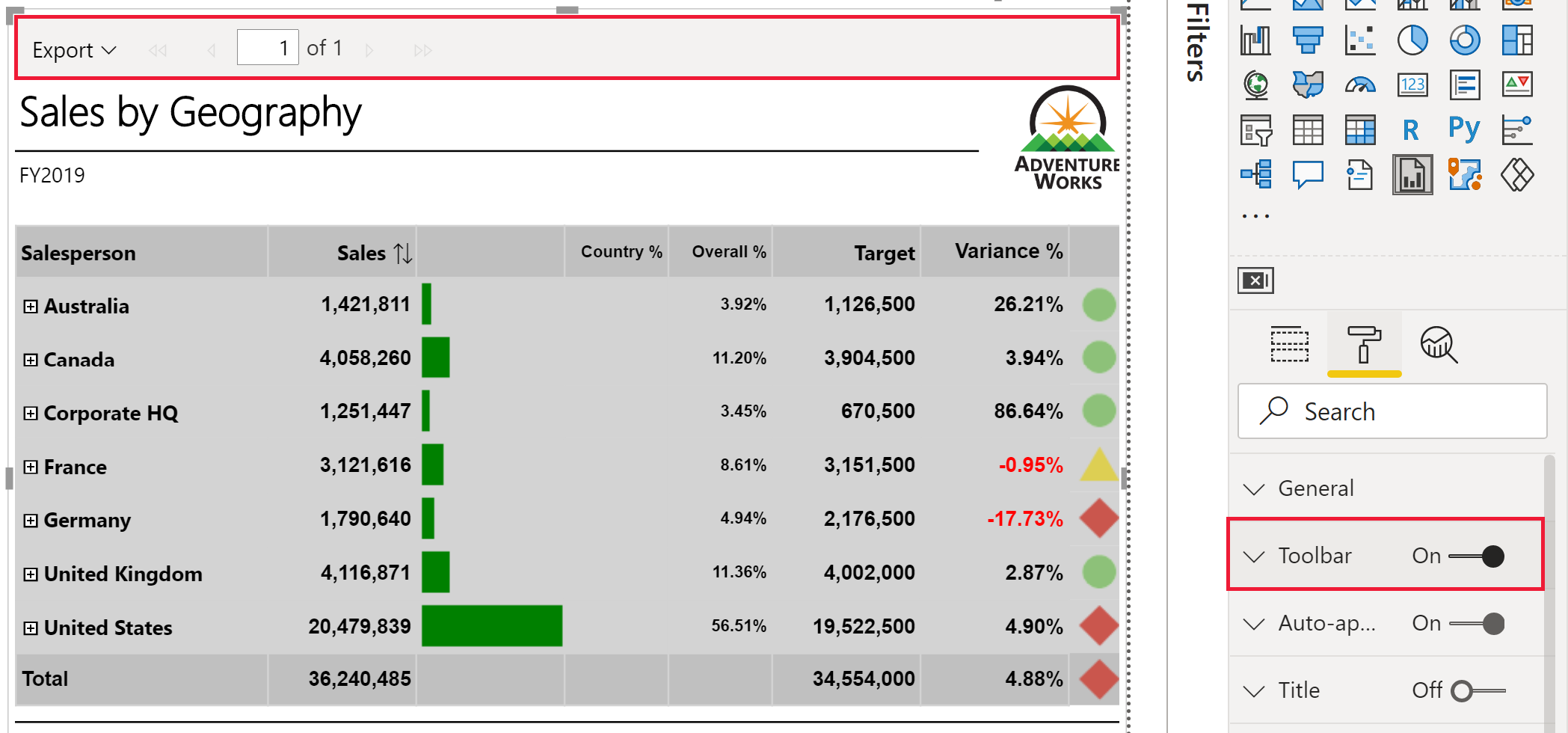 Screenshot dell'opzione Esporta sulla barra degli strumenti del report impaginato.