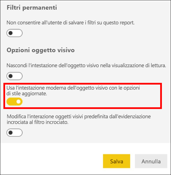 Screenshot che mostra l'opzione Abilita intestazione visiva moderna selezionata.