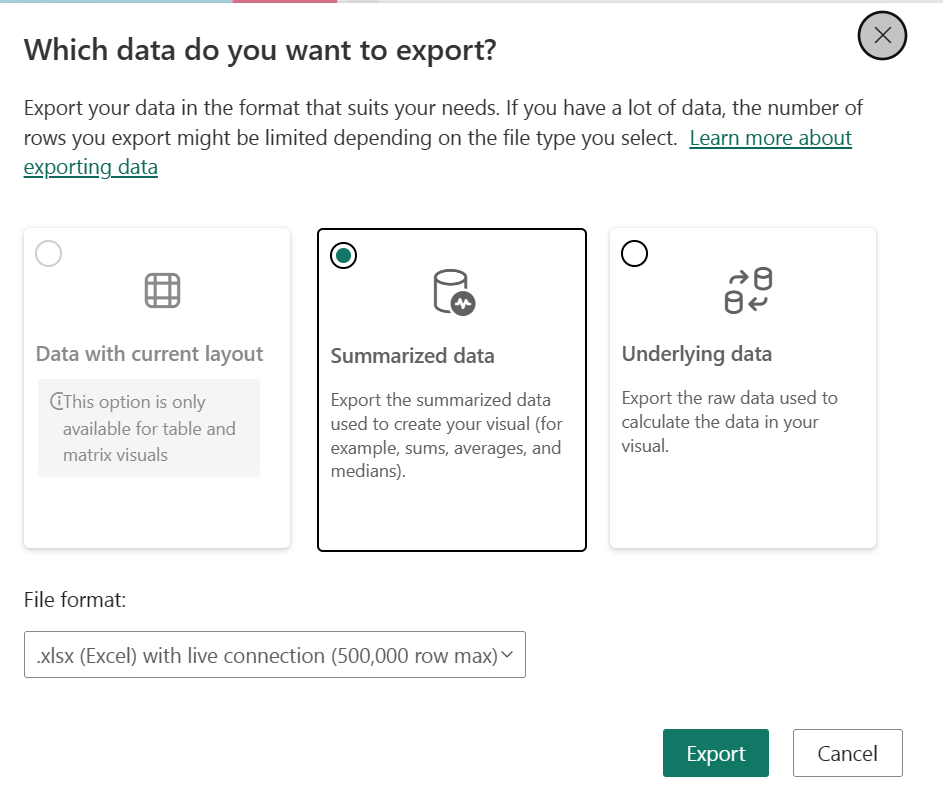 Finestra che mostra le opzioni per Layout corrente, Dati riepilogati e Dati sottostanti.