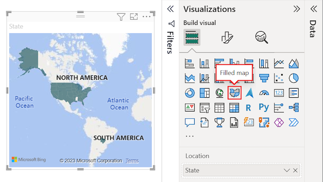 Screenshot che mostra come convertire l'oggetto visivo in una mappa colorata in Power BI Desktop.