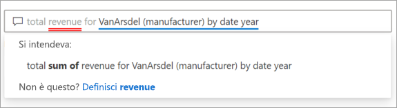 Screenshot del campo domande Q&A con i termini suggeriti dal modello semantico sottolineato in blu e le domande suggerite corrispondenti da Power BI.