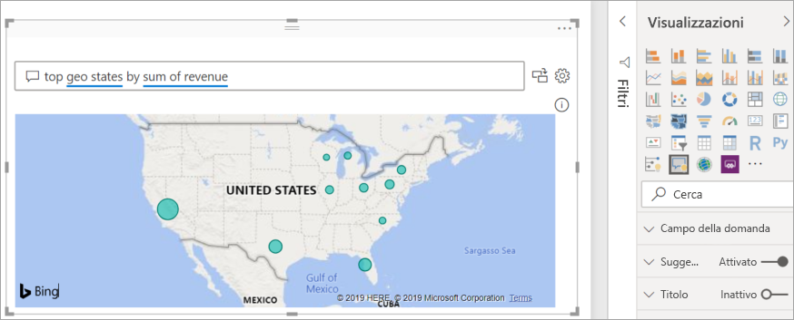 Screenshot che mostra la mappa visiva Q&A creata da Power BI per visualizzare i dati.