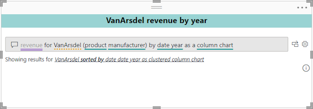 Screenshot che mostra l'oggetto visivo Q&A aggiornato con formattazione personalizzata in Power BI Desktop.