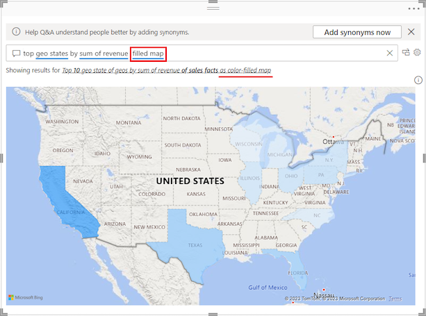 Screenshot che mostra l'oggetto visivo Q&A convertito in una mappa colorata nell'area di disegno del report.