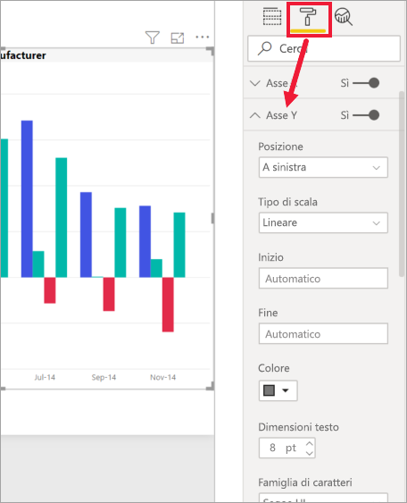 Screenshot del riquadro Formato con la scheda freccia Asse Y.