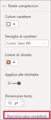 Screenshot della scheda Formattazione che mostra Ripristina valori predefiniti.