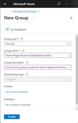 Creare il gruppo di sicurezza per il servizio Power BI Embedded.