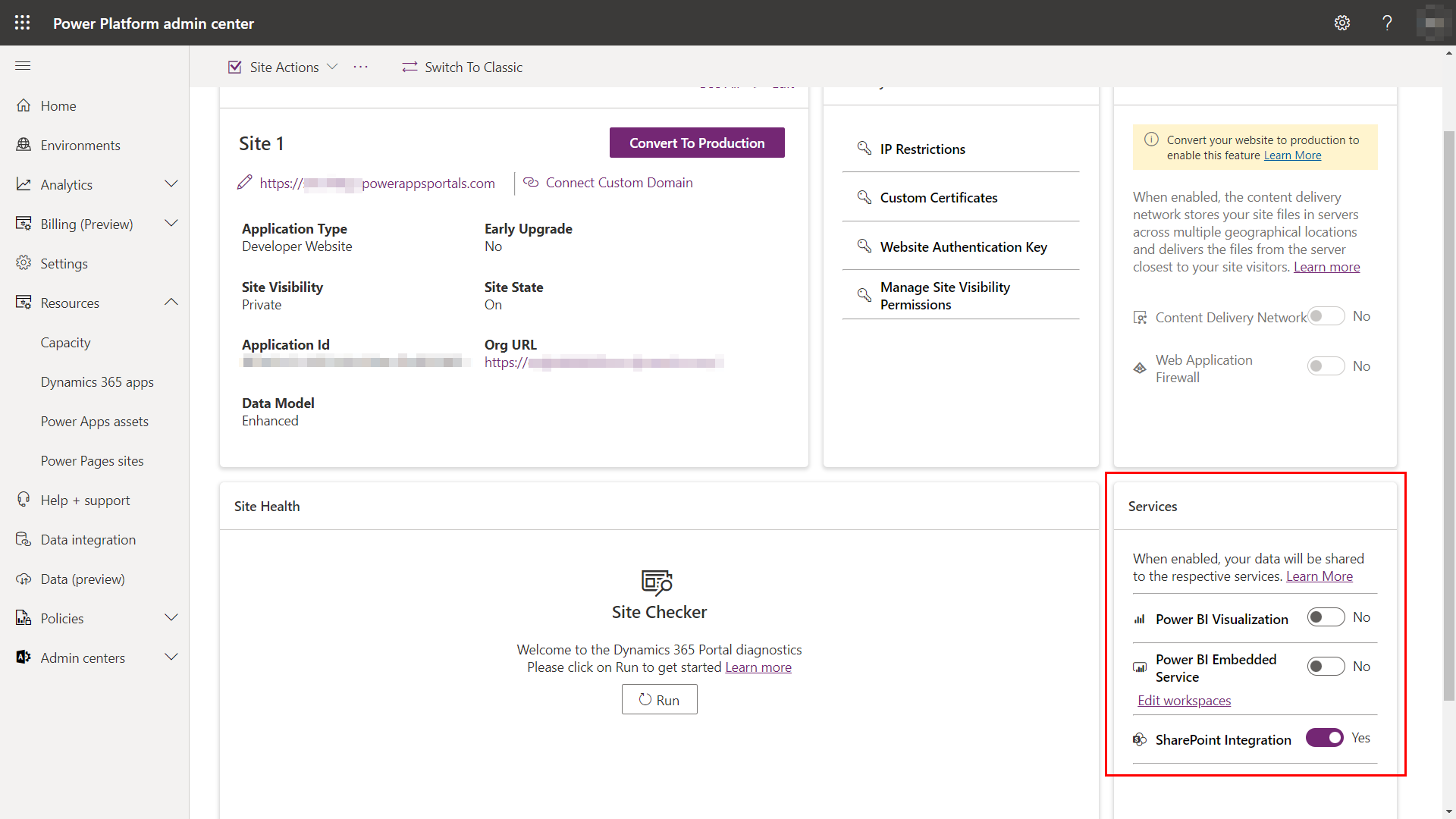 La sezione servizi delle opzioni di gestione dei siti Power Pages nell'interfaccia di amministrazione Power Platform.