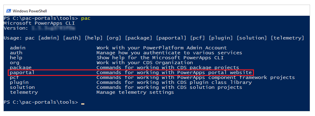 Confermare il comando paportal in Microsoft Power Platform CLI.