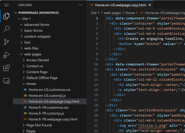 Menu Explorer per un'area di lavoro senza titolo che mostra i file web.