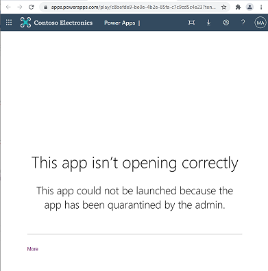 Messaggio per l'utente finale dell'app in quarantena in Power Apps: Impossibile avviare l'app perché è stata messa in quarantena dall'amministratore.