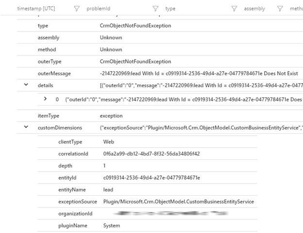 Dettagli dell'attributo della tabella delle eccezioni di Application Insights.