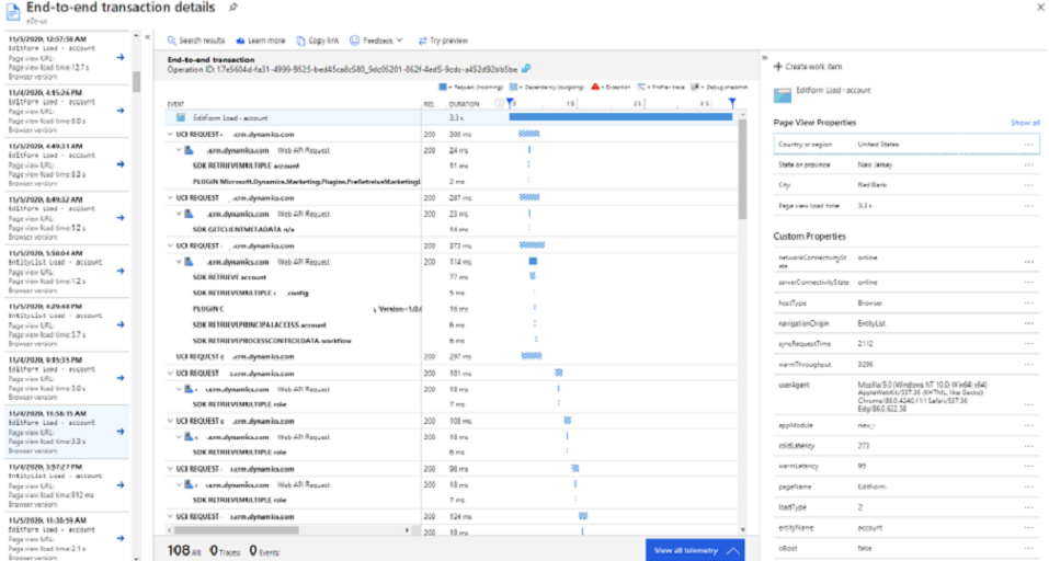 Dettagli delle transazioni end-to-end del pannello Prestazioni di Application Insights.