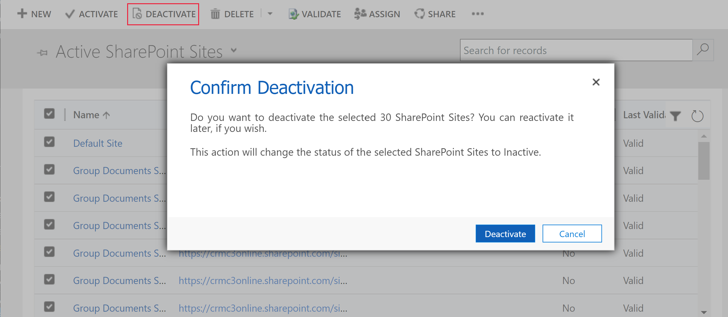 Disattivare tutti i siti SharePoint